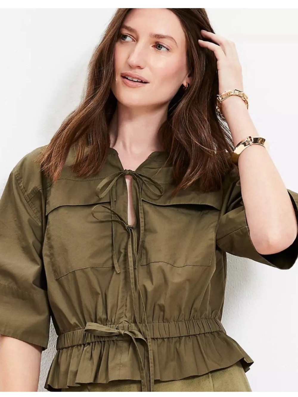 LOFT Olive Drawstring Peplum Utility Jacket Shirt